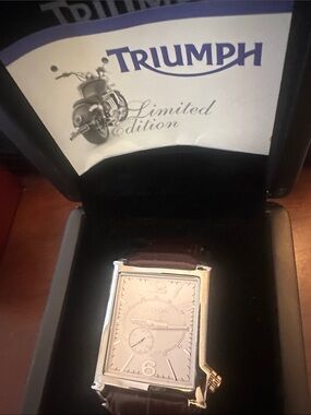Triumph Silver-Tone Rectangular Watch with Brown Leather Strap